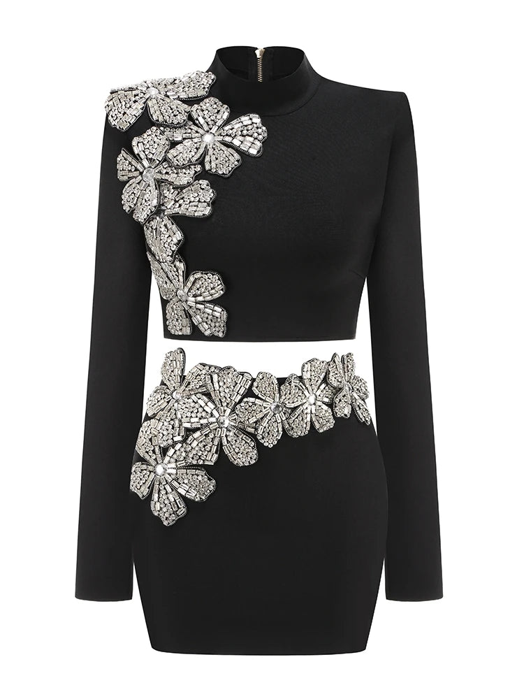 Turtleneck long sleeve crop top and matching mini skirt set with floral crystal embellishments