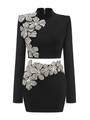 Turtleneck long sleeve crop top and matching mini skirt set with floral crystal embellishments