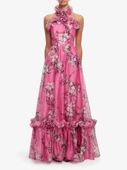 Close-up of floral appliqué detail on halter neck dress