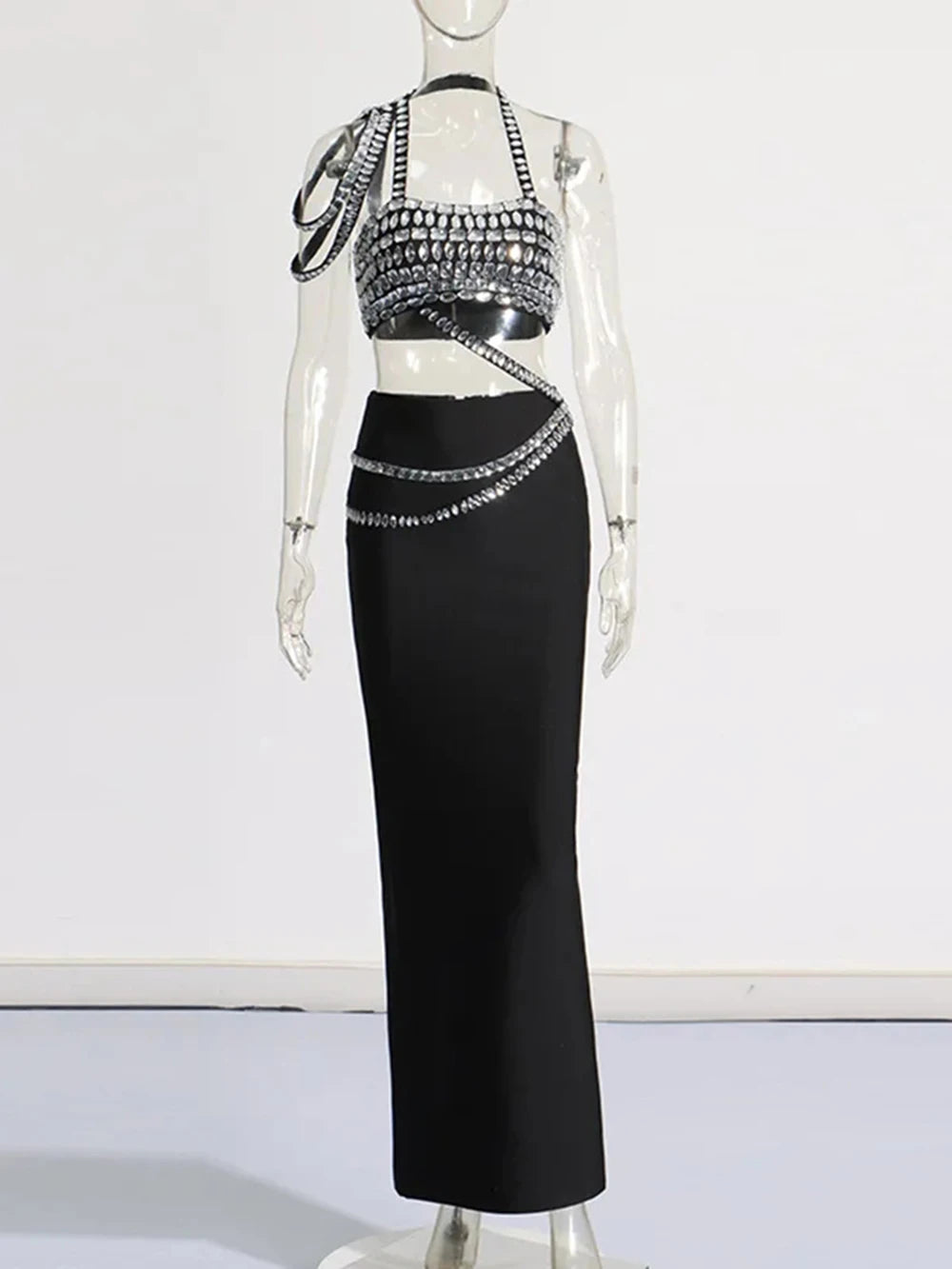 Black Crystal One Shoulder Top & Long Skirt Two-Piece Set