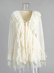Ruffled Lace Up Long Sleeve Mini Dress