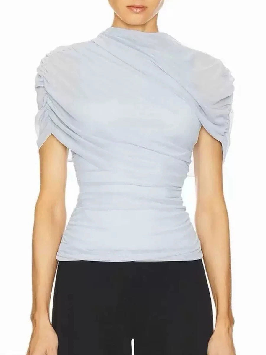 Draped mock neck short sleeve top