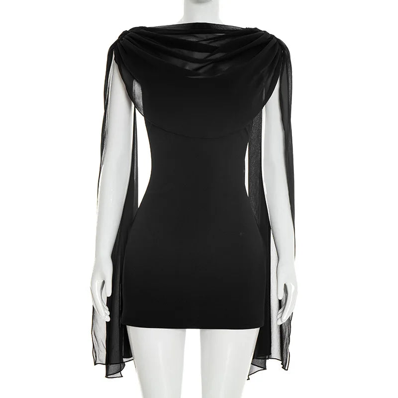 Black dress with sheer sleeves on a mannequin against a white background