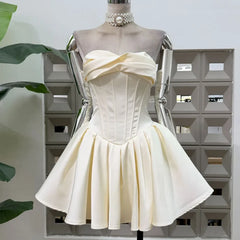 Cream strapless corset fit and flare dress
