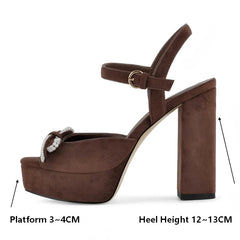 Side view of brown faux suede platform sandals showing heel and platform height