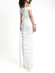 Slash neck pleated braid ribbon long dress for women