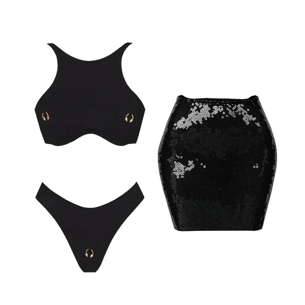Black sequin bikini and skirt swimwear set.