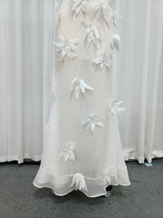 White Halter-Neck Sheer Floral Applique Maxi Gown