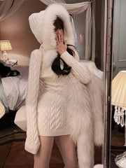 Hooded Knitted Sweater Faux Fur Female One Piece Mini Dress