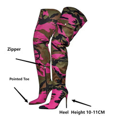 Details of zipper and pointed toe on thigh high boots