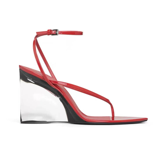 Red transparent wedge flip flop sandals with ankle strap