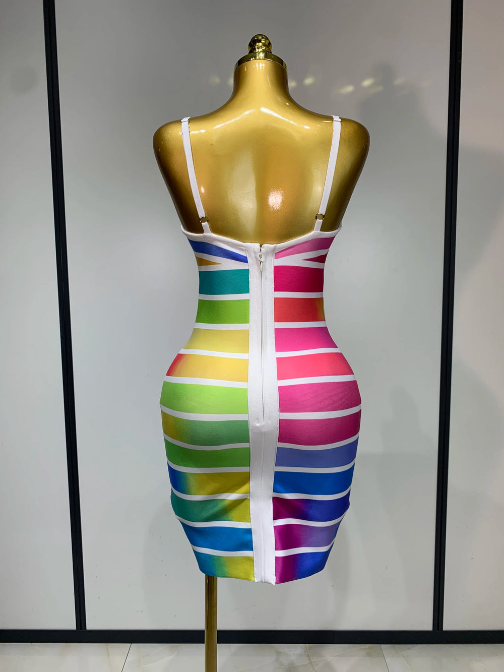 Colorful striped body-con mini bandage dress back view