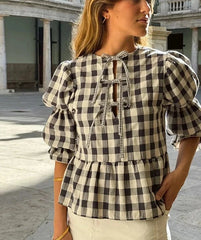 Plaid Lace Up Top O-neck Lantern Sleeve Hollow Out Lady Shirt