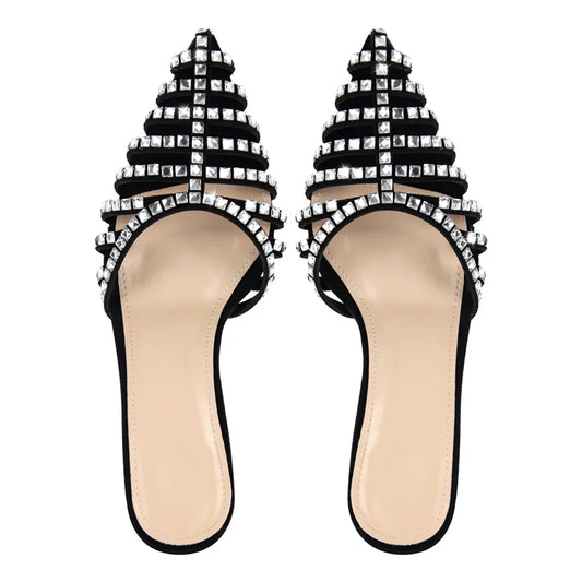 Rhinestone embellished pointed toe mules