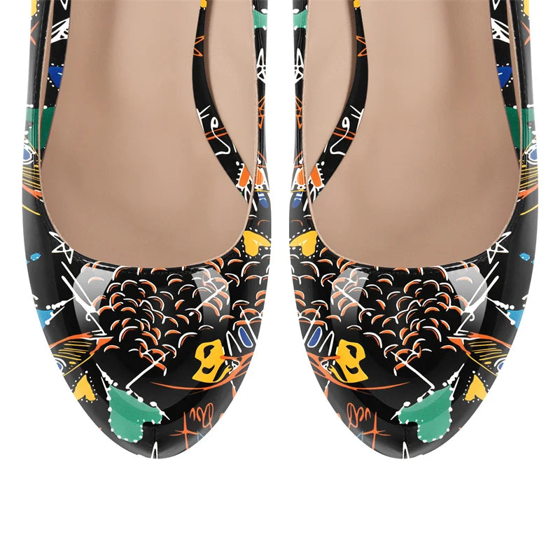 Close-up toe view of graffiti print stiletto platform heels