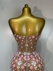 Diamond Appliqued Flower See Through Mini Dress