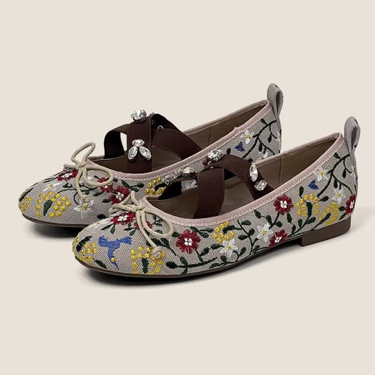 Embroidered floral print Mary Jane flats with crystal embellished crisscross straps