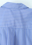 Blue Striped Print Cropped Shirt Long Sleeve Pockets Blouse