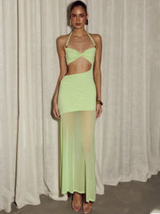 Green halter neck cutout twisted bust draped ruched split long maxi dress