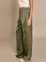 Lace Patchwork Satin Drawstring Long Pants