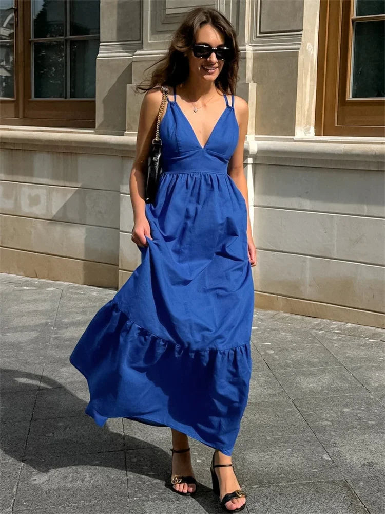 Blue Patchwork Sleeveless Solid Maxi Dress