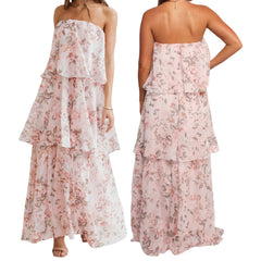 Floral strapless dress shown from front and back on a white background