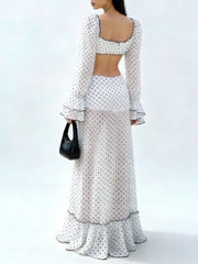 Polka dot square neck long sleeve top and high waist skirt set back view