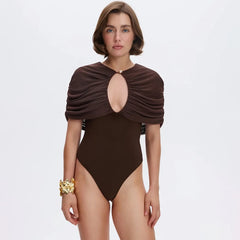 Ruched Cape Sleeve Keyhole Cut Out Bodysuit