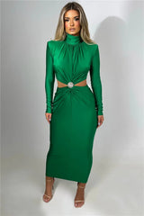 Satin Long Sleeve Brooch Solid Midi Dress Green- Golden Atelier