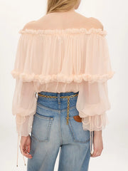 Ruffle Off-Shoulder Long Puff Sleeve Top