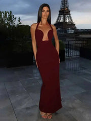 Halter neck column maxi dress in burgundy with Eiffel Tower background