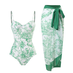 Tie-Strap V-Neck One-Piece Swimsuit with Matching Sarong Set