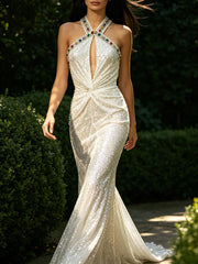 Sequin halter neck maxi dress with gem detail and twisted bodice