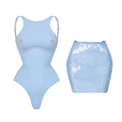 Solid Sequin Bikini and Skirt Swimwear Set