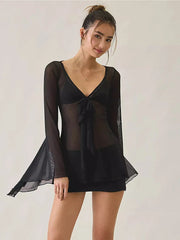 Mesh Print Tie Neck Long Sleeve Top