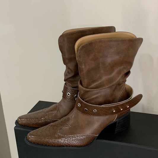 Brown snake embossed buckle strap pointed toe square heel ankle boots