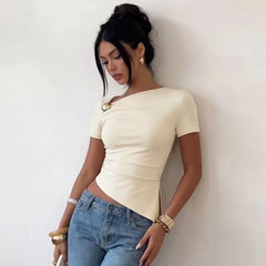 Asymmetric Neckline Button Detail Top