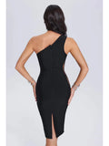 Black One Shoulder Lace Patchwork Bodycon Midi Dress