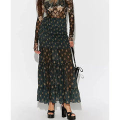Smocked ruffled tiered star print sheer maxi skirt