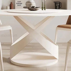 Round White Rock Slab Dining Table 360°Rotating Turntable