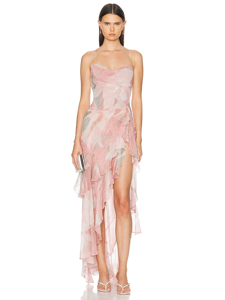 Spaghetti strap floral print ruffle high-slit asymmetrical hem maxi dress front view