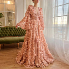 Blush Peach-Pink 3D Flowers Evening Dresses with Bell Long Sleeves V-Neck Arabic Wedding Party Birthday Gowns  Golden Atelier 1