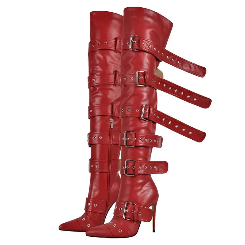 Red leather knee-high boots with multiple straps and buckles