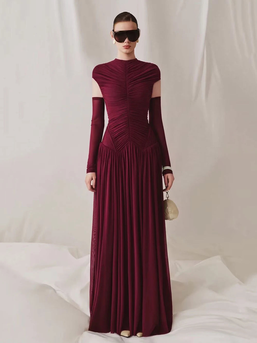 Burgundy ruched mock neck maxi dress with long sleeves