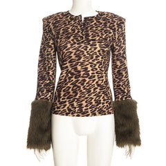 Leopard Print Fur Trim Long Sleeve Top