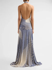 Back view of striped halter maxi dress