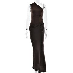 One Shoulder Draped Satin Maxi Dress