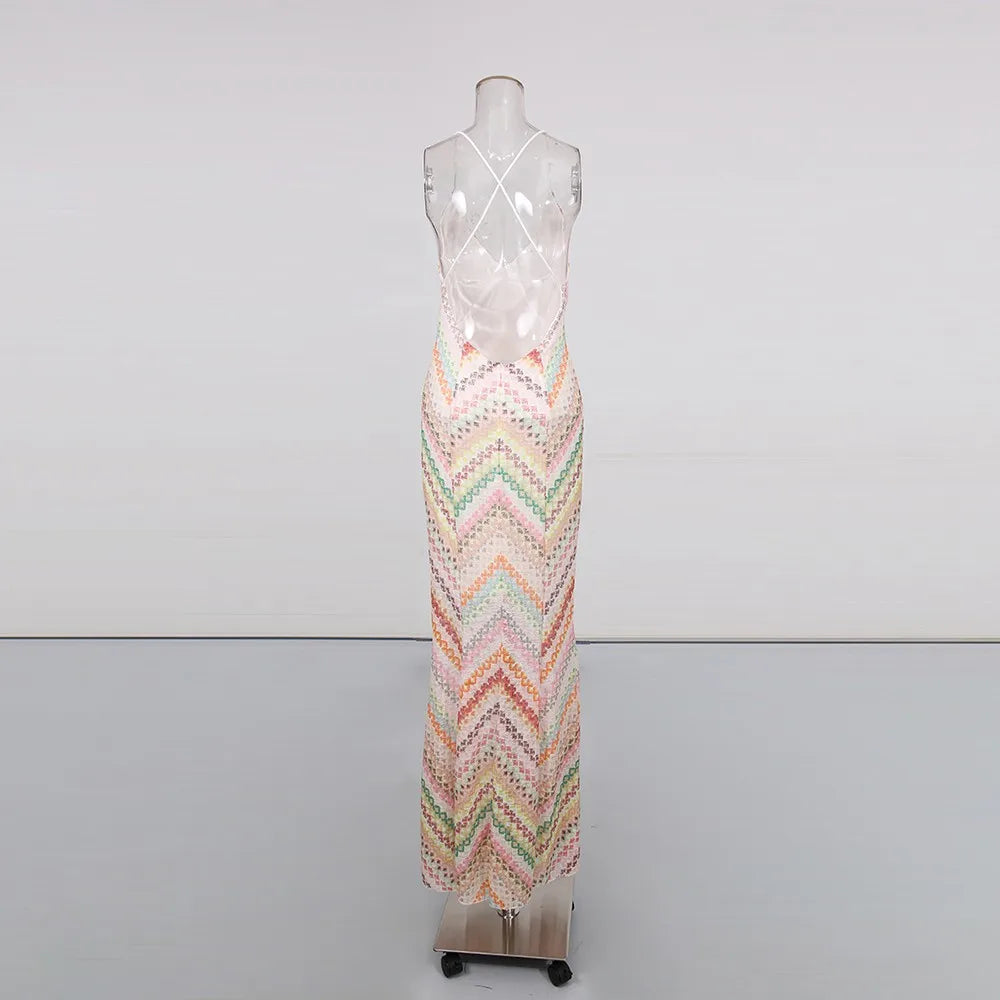 Chevron print v-neck sleeveless maxi dress back view on mannequin
