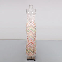 Chevron print v-neck sleeveless maxi dress back view on mannequin