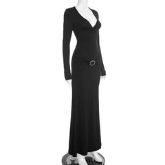 Plunge Neck Full Sleeve Waist Detailed Maxi Dress